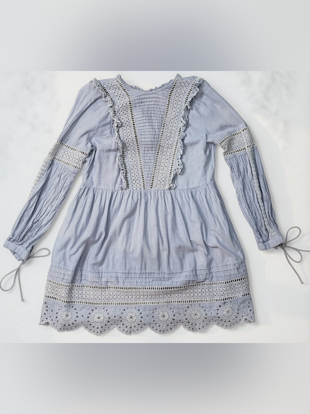 Topshop Blue Stripe Eyelet Lace Prairie Mini Dress |US 6| Coastal academia Fall - Picture 2 of 6
